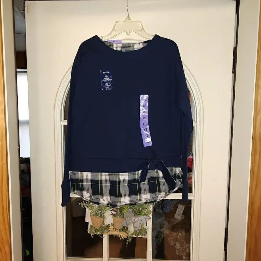New Izod Blue Soft Touch Tie Front 2 fer Sweatshirt Size Women's XS